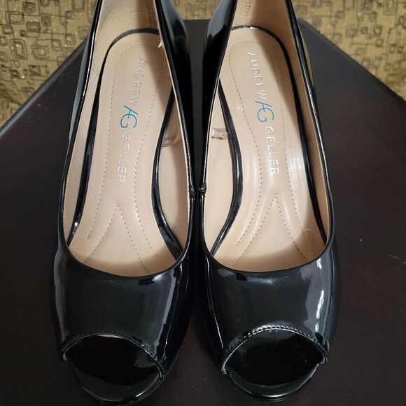 BLACK GLOSSY ANDREW GELLER TAYA OPEN TOE HIGH HEEL WOMEN"S SHOE - Picture 4 of 16